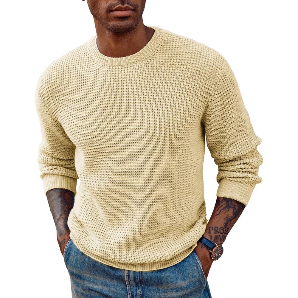 imagePJ PAUL JONES Mens Pullover Sweater Waffle Textured Long Sleeve Knitted SweatersLight Yellow