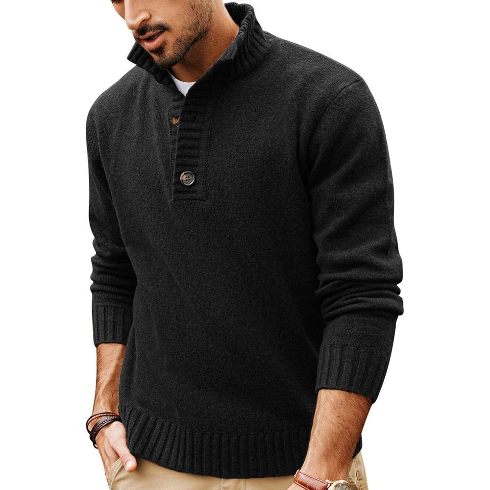 imagePJ PAUL JONES Mens Pullover Sweaters Quarter Button Sweater Stand Collar Knit PulloversBlack