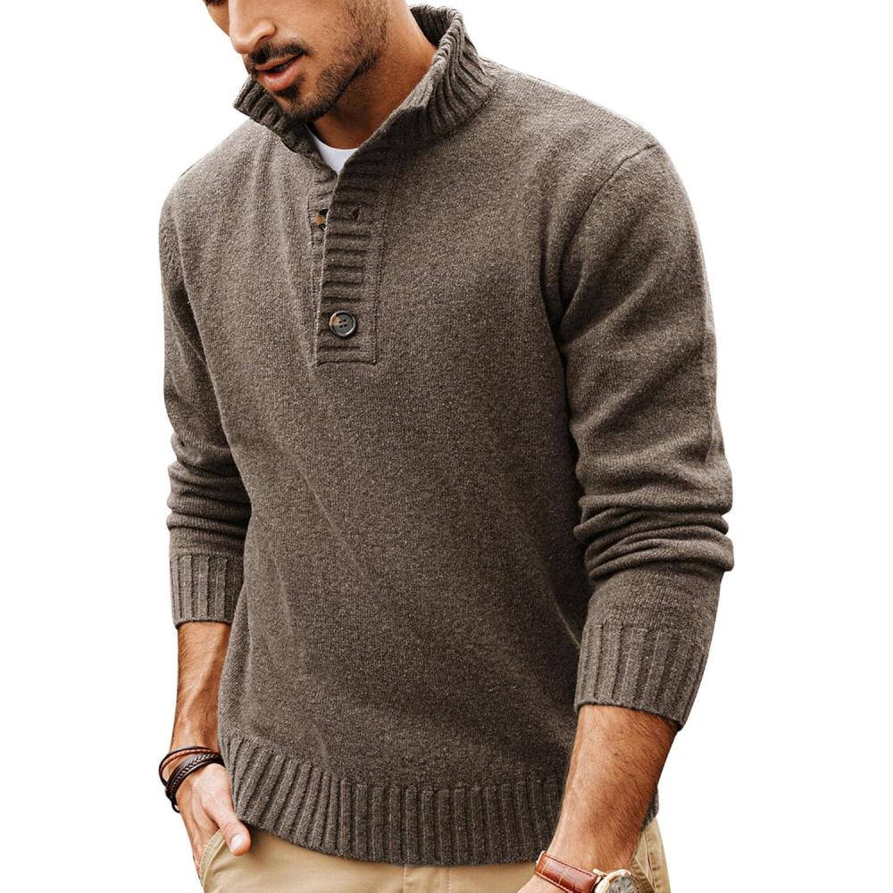 imagePJ PAUL JONES Mens Pullover Sweaters Quarter Button Sweater Stand Collar Knit PulloversKhaki