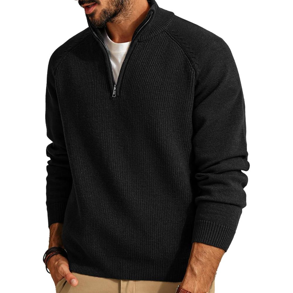 imagePJ PAUL JONES Mens Quarter Zip Pullover Sweater Turtleneck Raglan Long Sleeve SweatersBlack