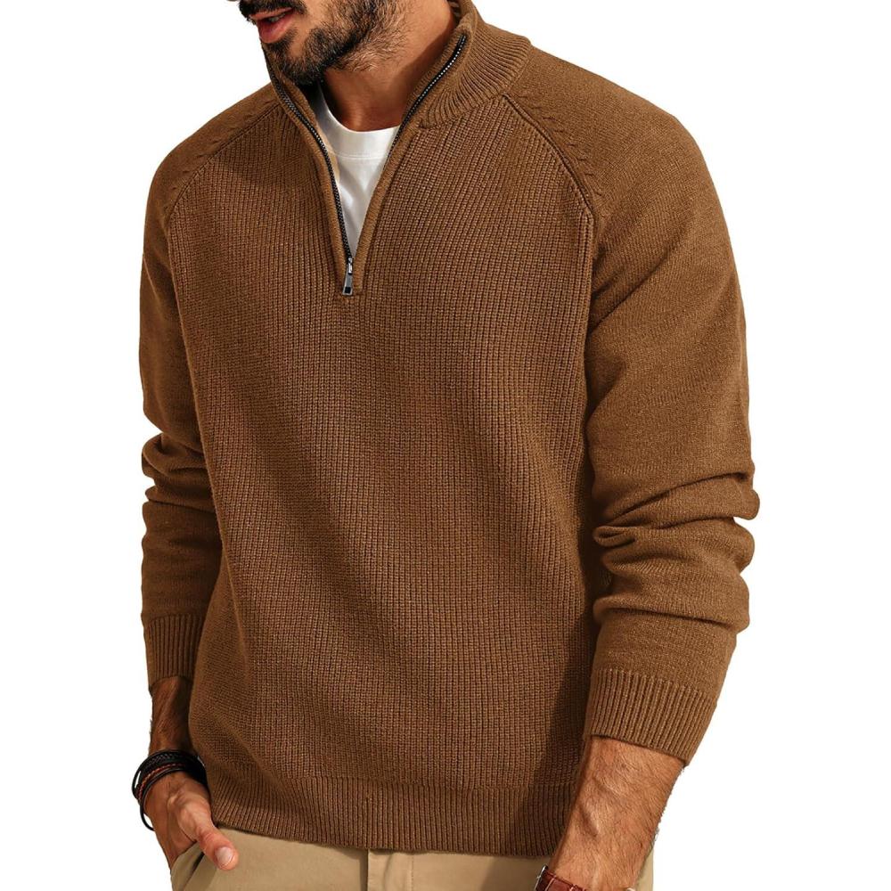 imagePJ PAUL JONES Mens Quarter Zip Pullover Sweater Turtleneck Raglan Long Sleeve SweatersBrown