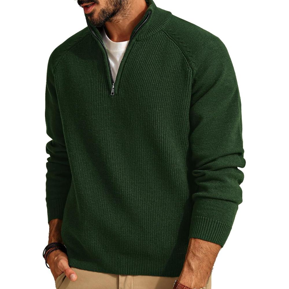 imagePJ PAUL JONES Mens Quarter Zip Pullover Sweater Turtleneck Raglan Long Sleeve SweatersDark Green