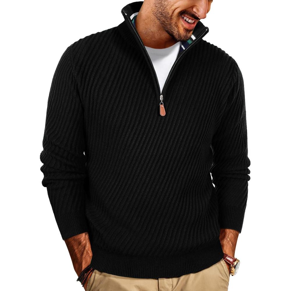 imagePJ PAUL JONES Mens Quarter Zip Pullover Sweaters Casual Knit Twill Texture SweaterBlack