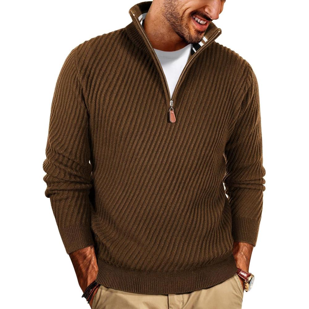 imagePJ PAUL JONES Mens Quarter Zip Pullover Sweaters Casual Knit Twill Texture SweaterCoffee
