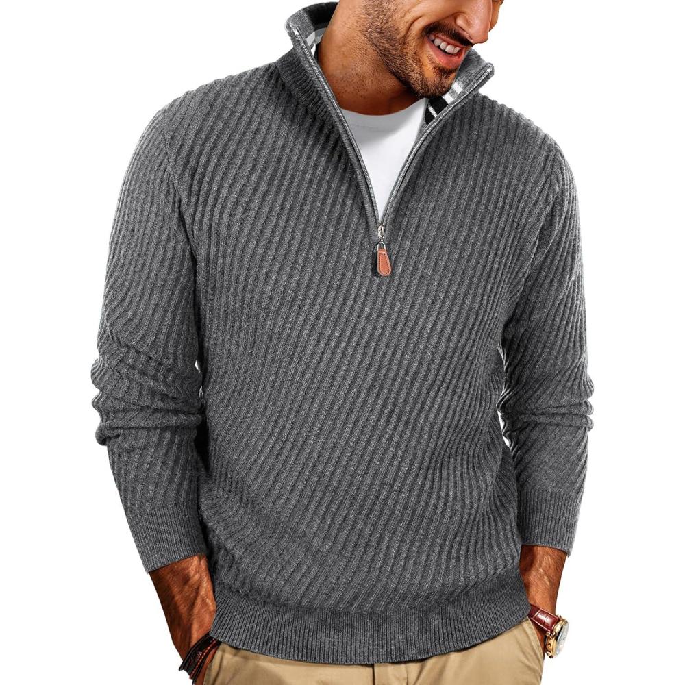 imagePJ PAUL JONES Mens Quarter Zip Pullover Sweaters Casual Knit Twill Texture SweaterGrey