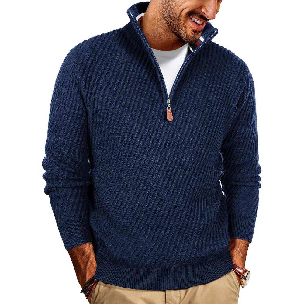 imagePJ PAUL JONES Mens Quarter Zip Pullover Sweaters Casual Knit Twill Texture SweaterNavy Blue