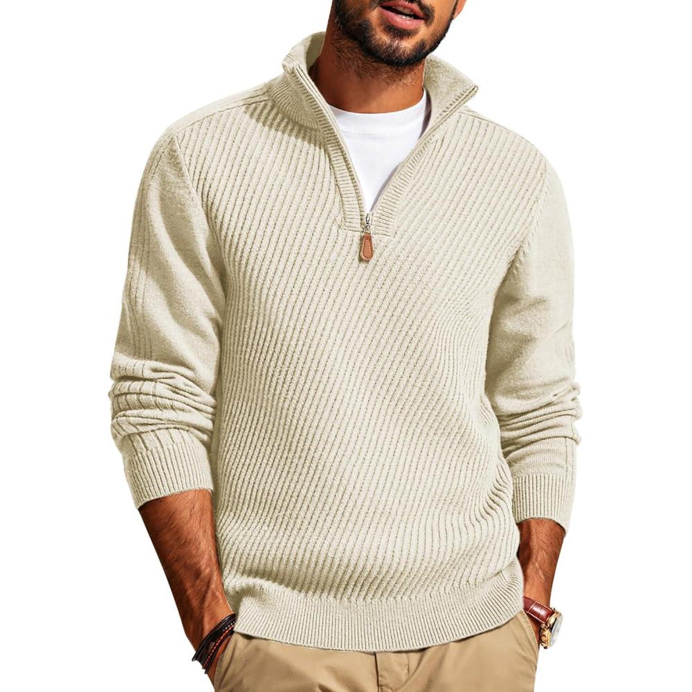 imagePJ PAUL JONES Mens Quarter Zip Pullover Sweaters Casual Slim Fit Knit Texture SweaterApricot