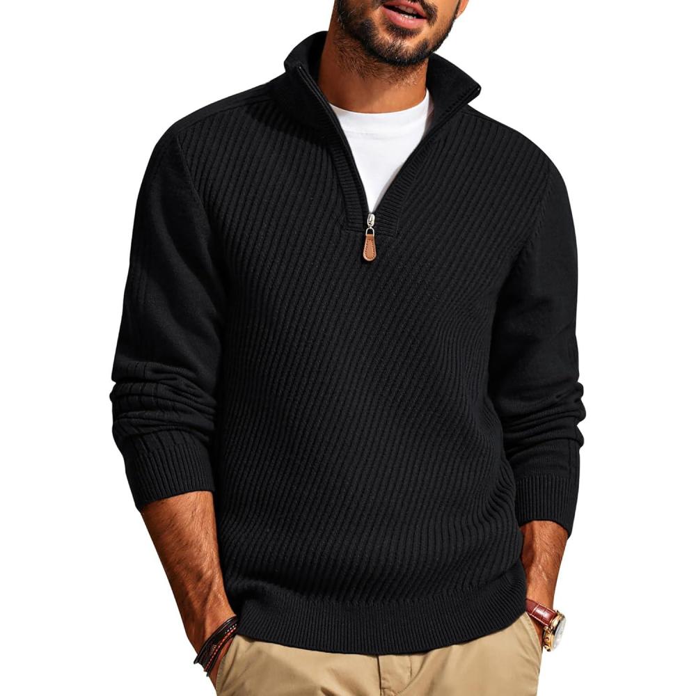 imagePJ PAUL JONES Mens Quarter Zip Pullover Sweaters Casual Slim Fit Knit Texture SweaterBlack