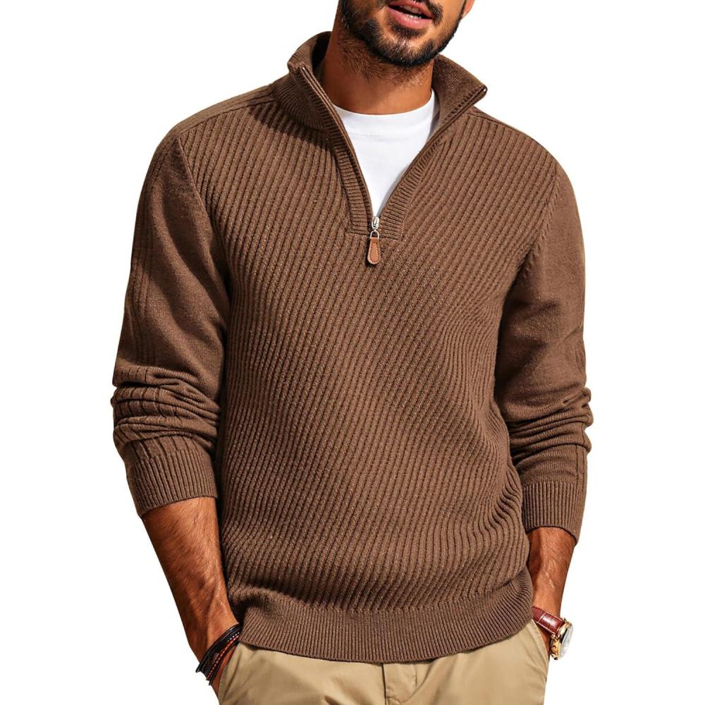 imagePJ PAUL JONES Mens Quarter Zip Pullover Sweaters Casual Slim Fit Knit Texture SweaterCoffee