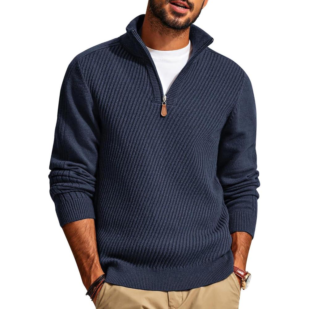 imagePJ PAUL JONES Mens Quarter Zip Pullover Sweaters Casual Slim Fit Knit Texture SweaterDark Blue