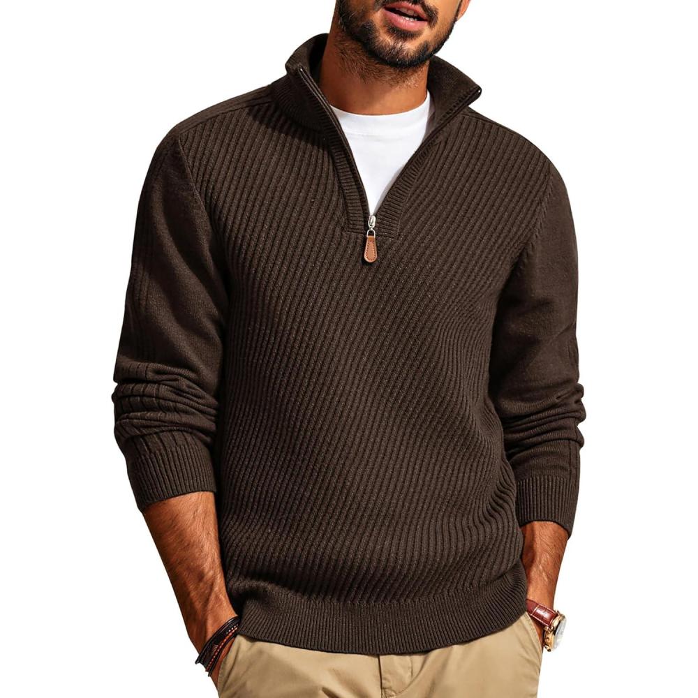 imagePJ PAUL JONES Mens Quarter Zip Pullover Sweaters Casual Slim Fit Knit Texture SweaterDark Coffee