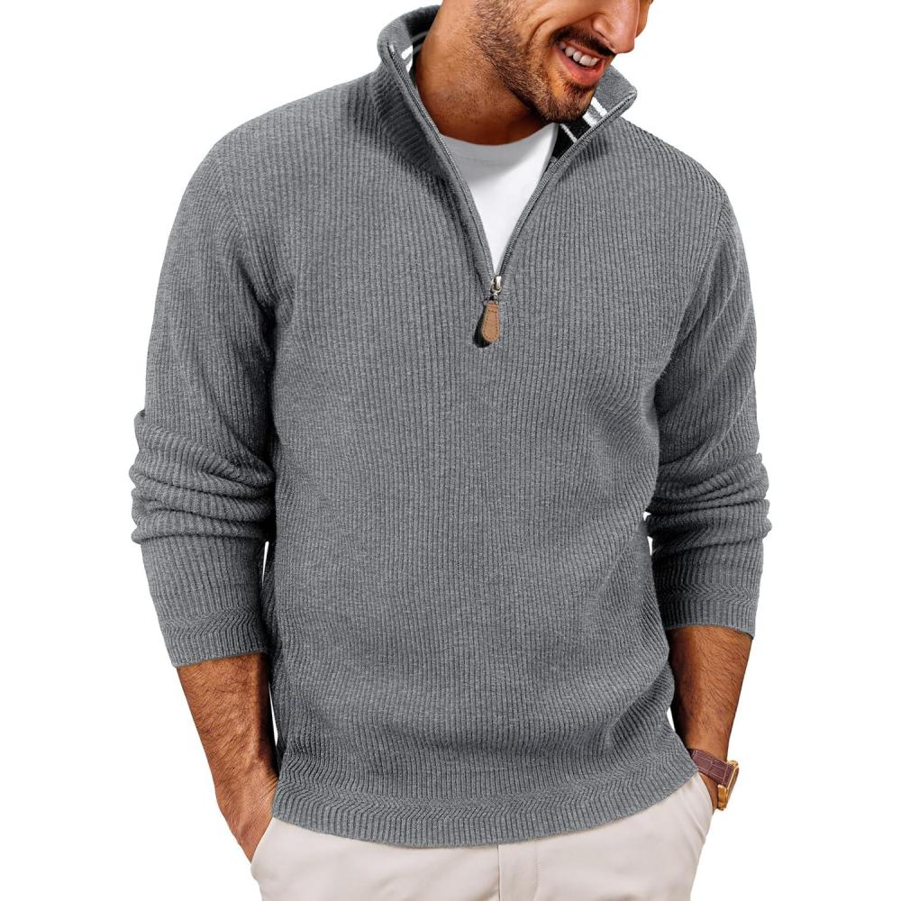 imagePJ PAUL JONES Mens Quarter Zip Pullover Sweaters Casual Slim Fit Knit Texture SweaterGray