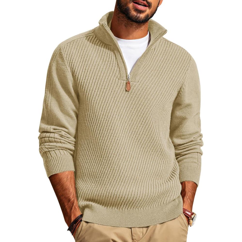 imagePJ PAUL JONES Mens Quarter Zip Pullover Sweaters Casual Slim Fit Knit Texture SweaterKhaki