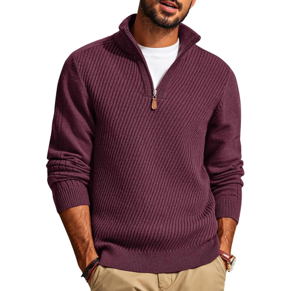 imagePJ PAUL JONES Mens Quarter Zip Pullover Sweaters Casual Slim Fit Knit Texture SweaterWine Red