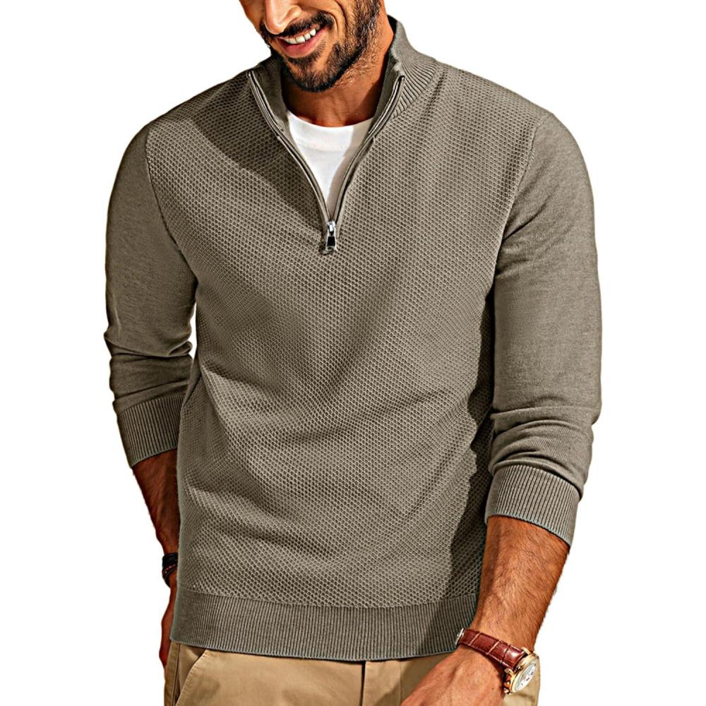 imagePJ PAUL JONES Mens Quarter Zip Pullover Sweaters Casual Slim Fit Lightweight Knit SweaterBrown