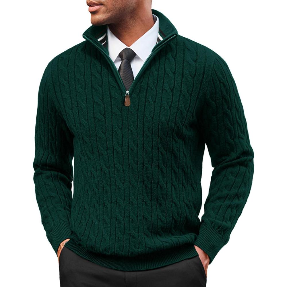 imagePJ PAUL JONES Mens Quarter Zip Sweater Cable Knitted Pullover Sweaters Textured Solid Colors SweaterDark Green