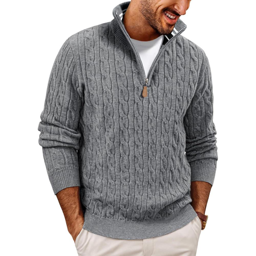 imagePJ PAUL JONES Mens Quarter Zip Sweater Cable Knitted Pullover Sweaters Textured Solid Colors SweaterGray