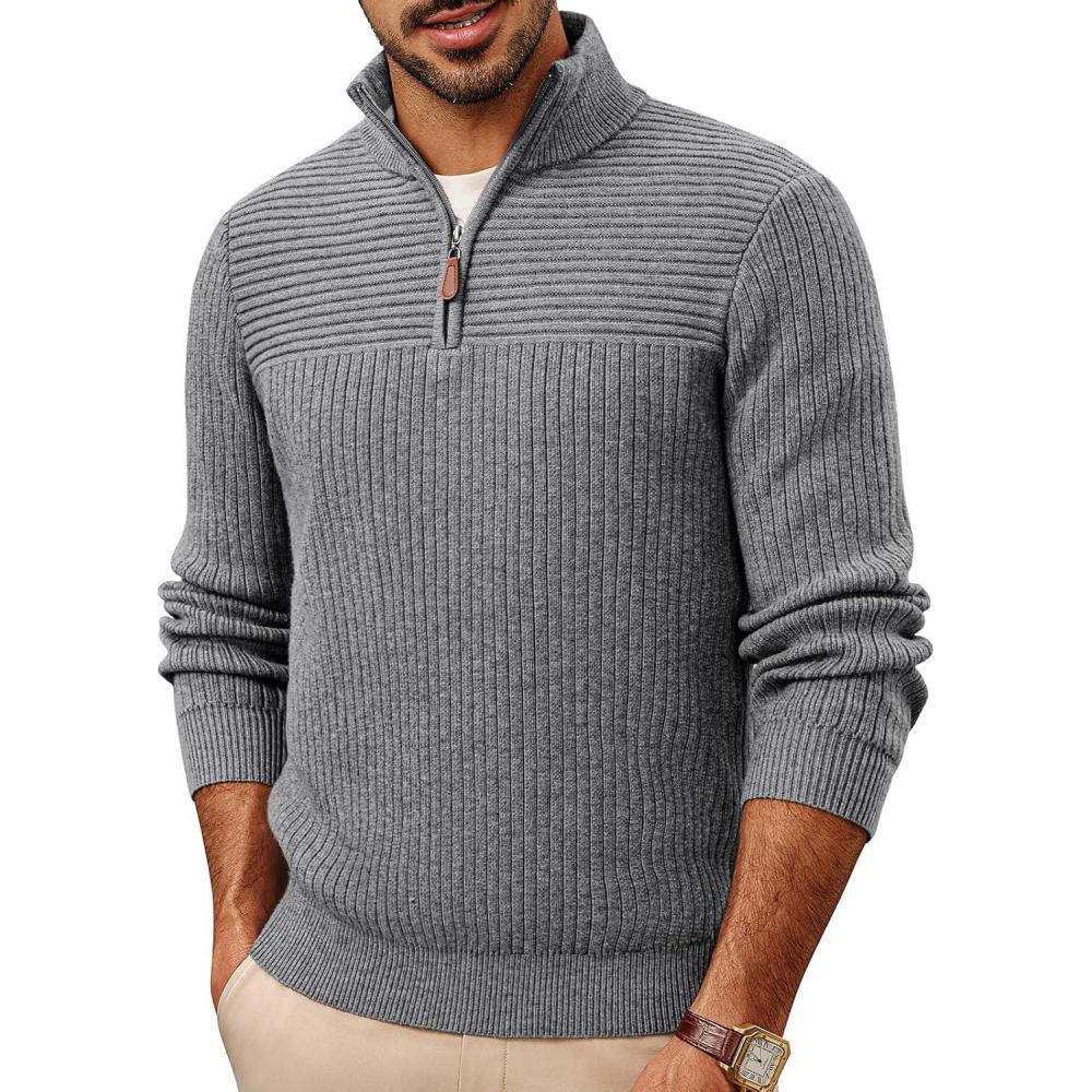 imagePJ PAUL JONES Mens Quarter Zip Sweater Long Sleeve Casual Pullover Knitted Textured Dress SweatersGray
