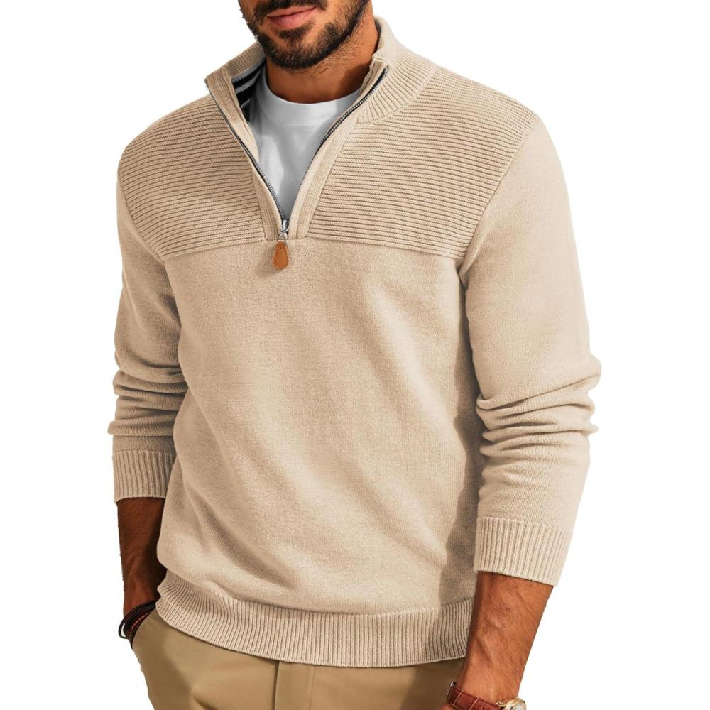 imagePJ PAUL JONES Mens Quarter Zip Sweater Slim Fit Casual Pullover Sweater Mock Neck Polo SweatersApricot