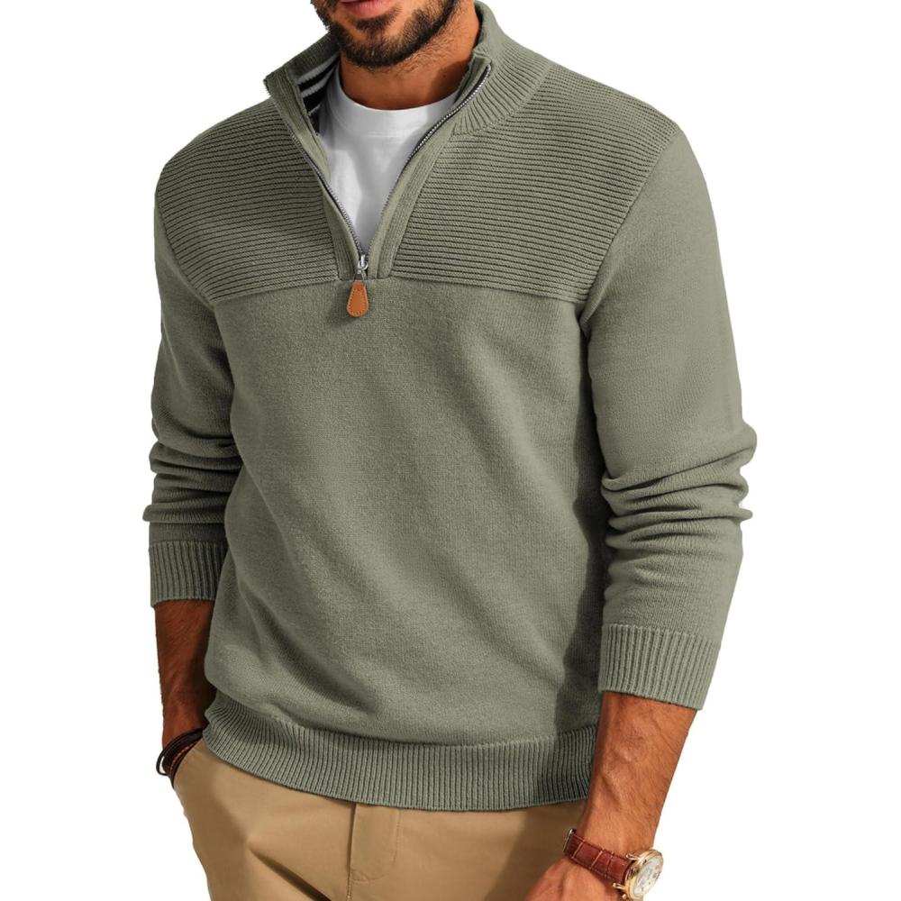 imagePJ PAUL JONES Mens Quarter Zip Sweater Slim Fit Casual Pullover Sweater Mock Neck Polo SweatersArmy Green