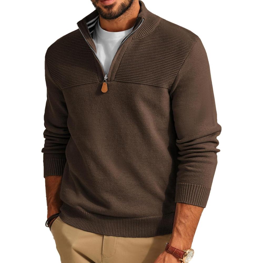 imagePJ PAUL JONES Mens Quarter Zip Sweater Slim Fit Casual Pullover Sweater Mock Neck Polo SweatersBrown