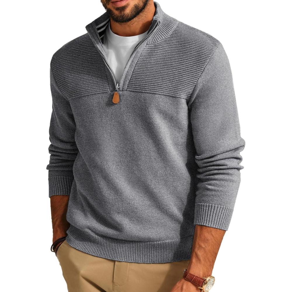 imagePJ PAUL JONES Mens Quarter Zip Sweater Slim Fit Casual Pullover Sweater Mock Neck Polo SweatersDark Grey