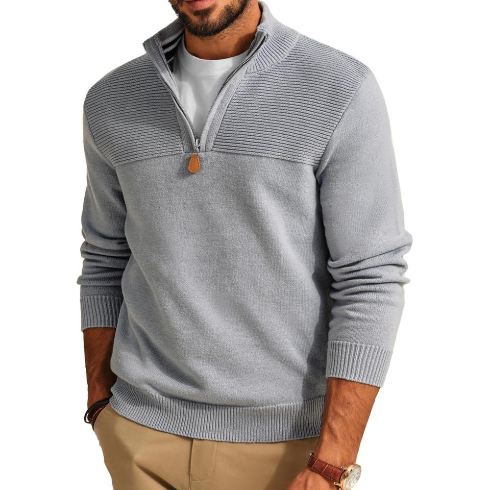 imagePJ PAUL JONES Mens Quarter Zip Sweater Slim Fit Casual Pullover Sweater Mock Neck Polo SweatersGrey
