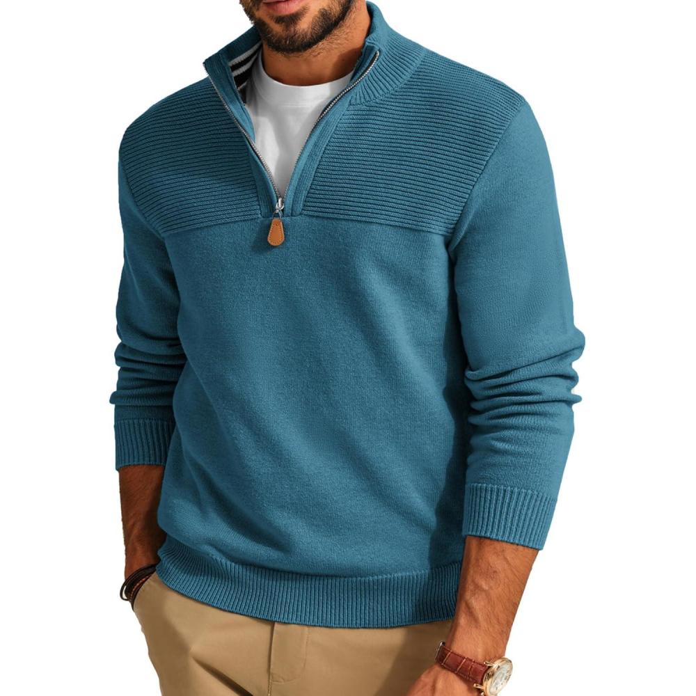 imagePJ PAUL JONES Mens Quarter Zip Sweater Slim Fit Casual Pullover Sweater Mock Neck Polo SweatersLake Blue