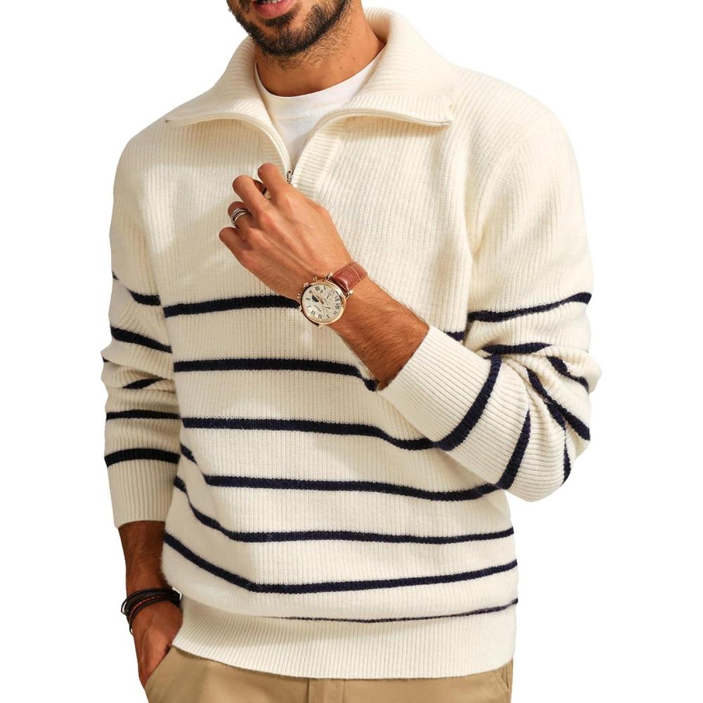 imagePJ PAUL JONES Mens Quarter Zip Sweater Striped Mock Neck Pullover Sweater Regular Fit SweaterBeige