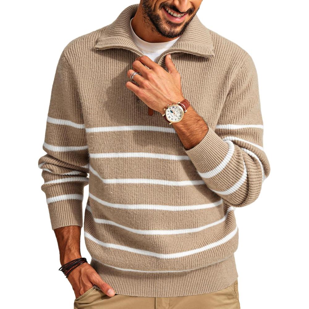imagePJ PAUL JONES Mens Quarter Zip Sweater Striped Mock Neck Pullover Sweater Regular Fit SweaterKhaki