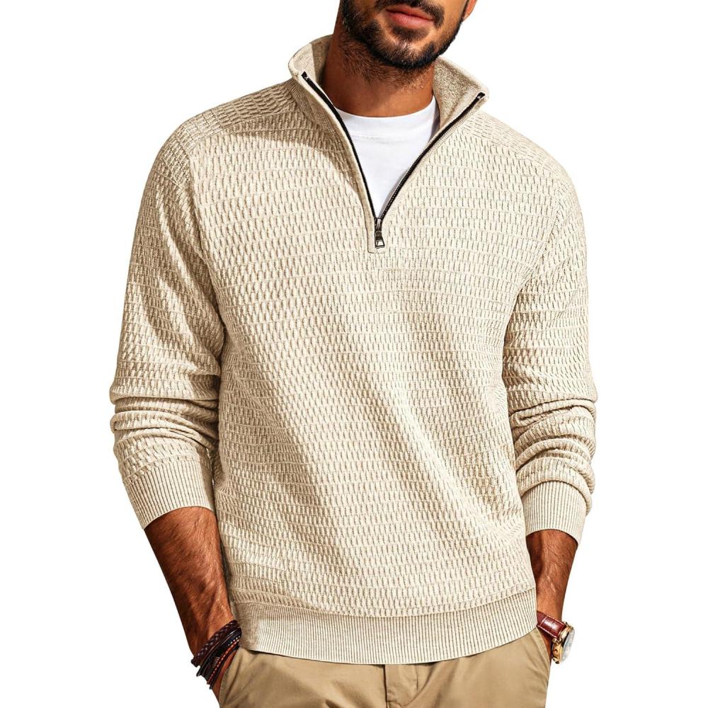imagePJ PAUL JONES Mens Quarter Zip Sweaters Slim Fit Long Sleeve Casual Pullover Sweater Knit Textured Mock Neck Polo SweatersBeige