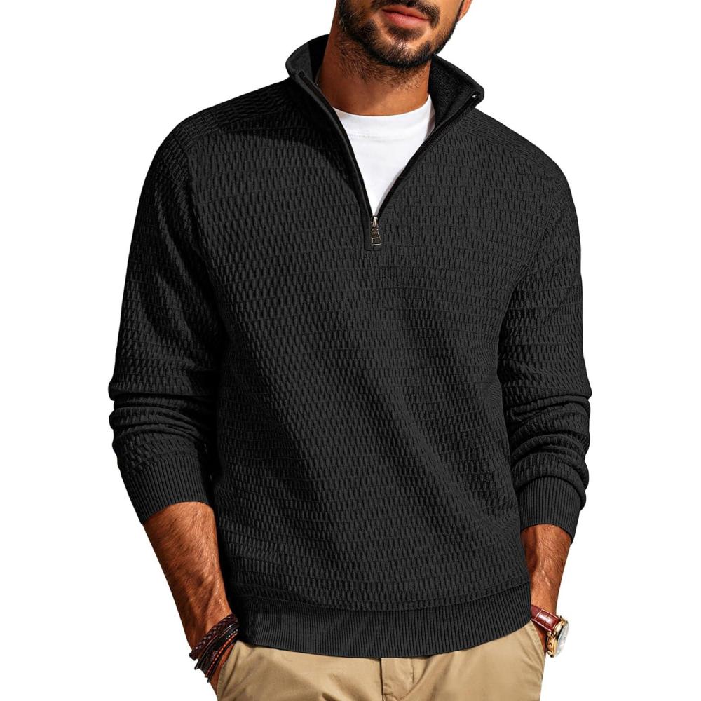 imagePJ PAUL JONES Mens Quarter Zip Sweaters Slim Fit Long Sleeve Casual Pullover Sweater Knit Textured Mock Neck Polo SweatersBlack