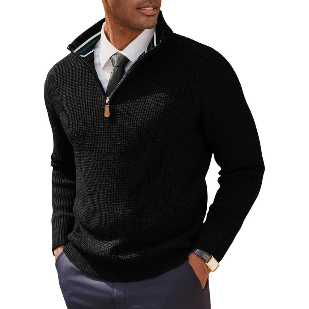 imagePJ PAUL JONES Mens Quarter Zip Sweaters Slim Fit Long Sleeve Casual Pullover Sweater Knit Textured Mock Neck Polo SweatersBlack Waffle