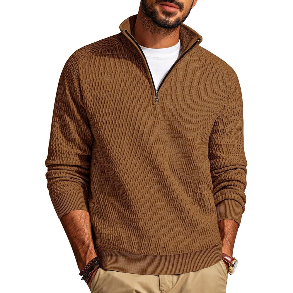 imagePJ PAUL JONES Mens Quarter Zip Sweaters Slim Fit Long Sleeve Casual Pullover Sweater Knit Textured Mock Neck Polo SweatersBrown