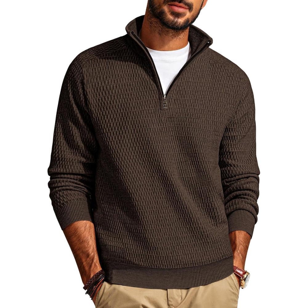 imagePJ PAUL JONES Mens Quarter Zip Sweaters Slim Fit Long Sleeve Casual Pullover Sweater Knit Textured Mock Neck Polo SweatersCoffee