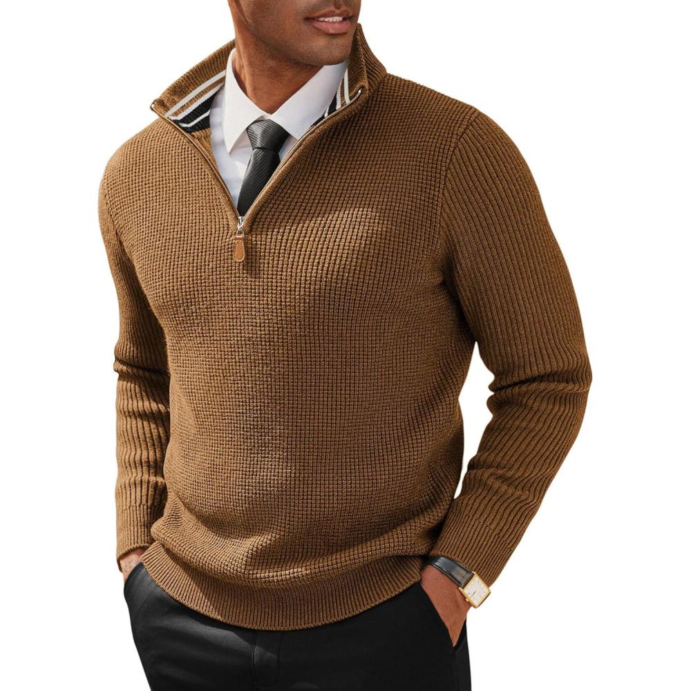 imagePJ PAUL JONES Mens Quarter Zip Sweaters Slim Fit Long Sleeve Casual Pullover Sweater Knit Textured Mock Neck Polo SweatersCoffee Waffle