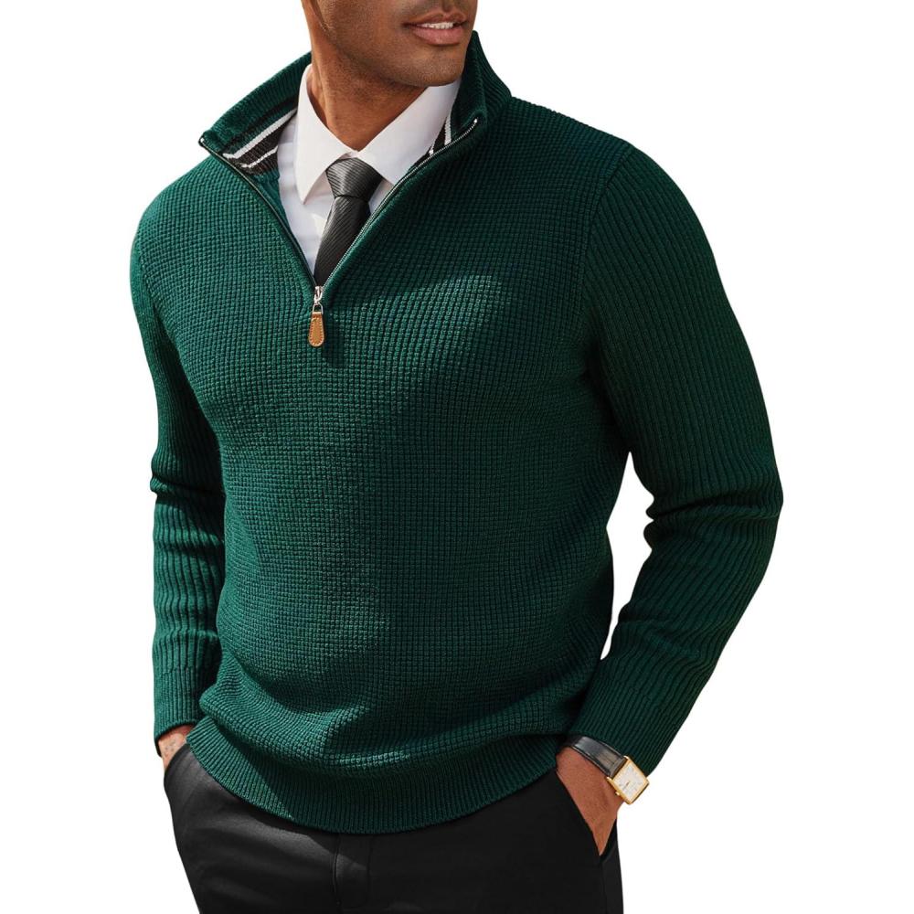 imagePJ PAUL JONES Mens Quarter Zip Sweaters Slim Fit Long Sleeve Casual Pullover Sweater Knit Textured Mock Neck Polo SweatersDark Green Waffle
