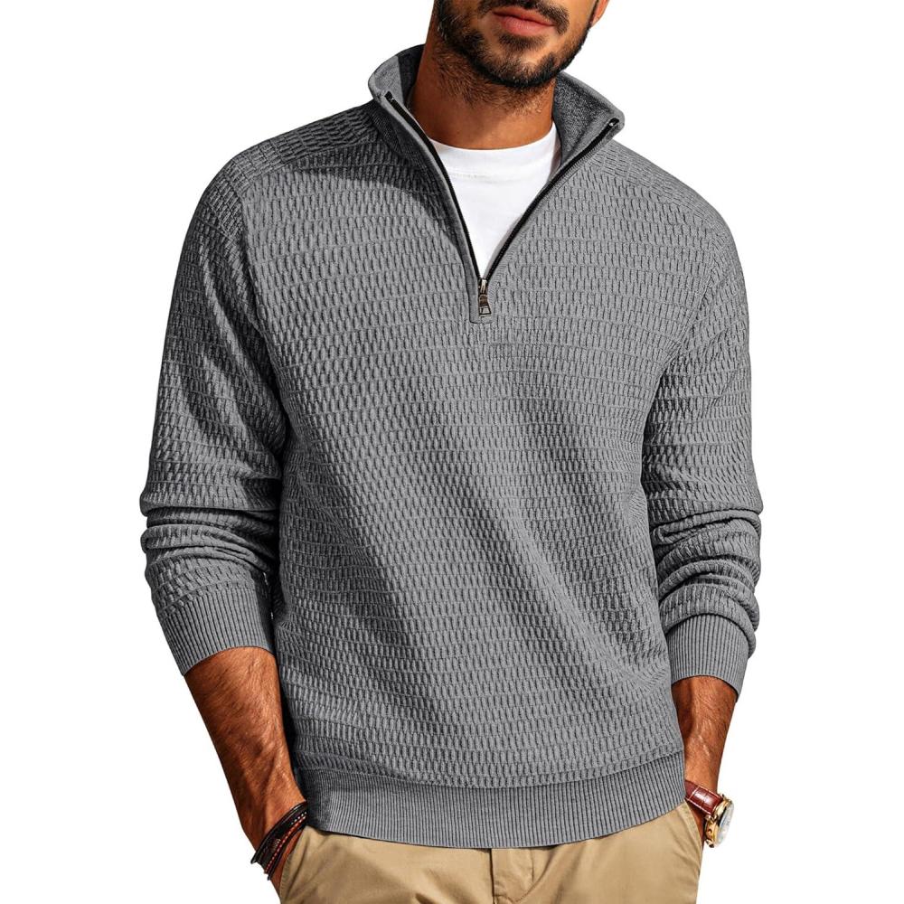 imagePJ PAUL JONES Mens Quarter Zip Sweaters Slim Fit Long Sleeve Casual Pullover Sweater Knit Textured Mock Neck Polo SweatersGrey