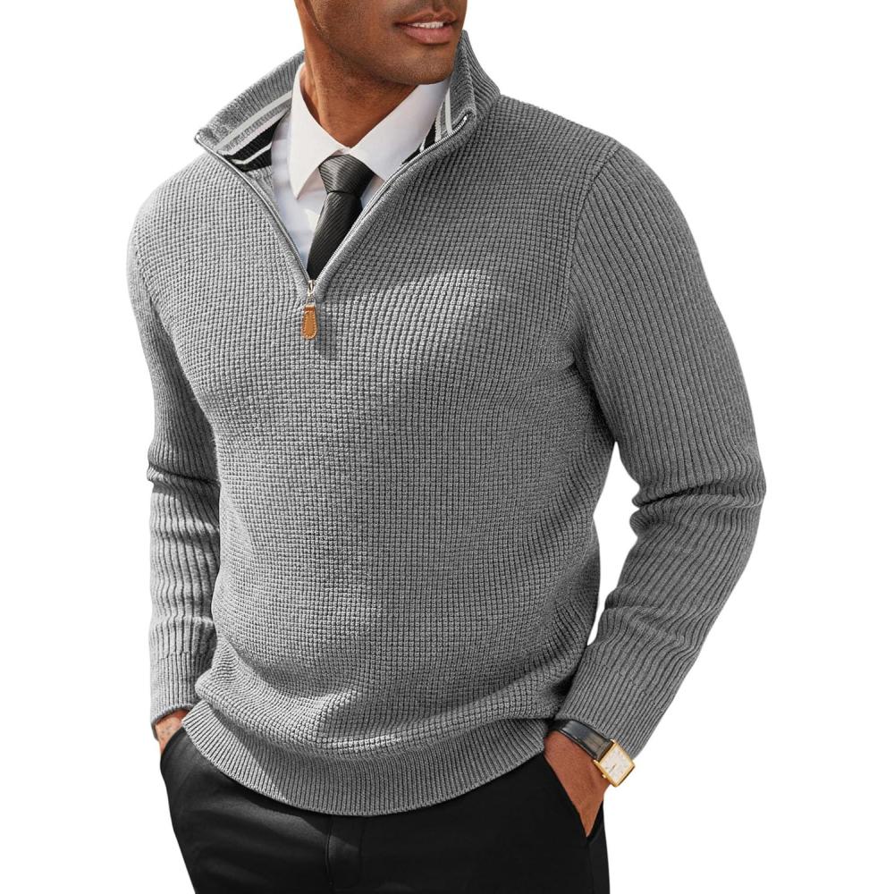 imagePJ PAUL JONES Mens Quarter Zip Sweaters Slim Fit Long Sleeve Casual Pullover Sweater Knit Textured Mock Neck Polo SweatersGrey Waffle