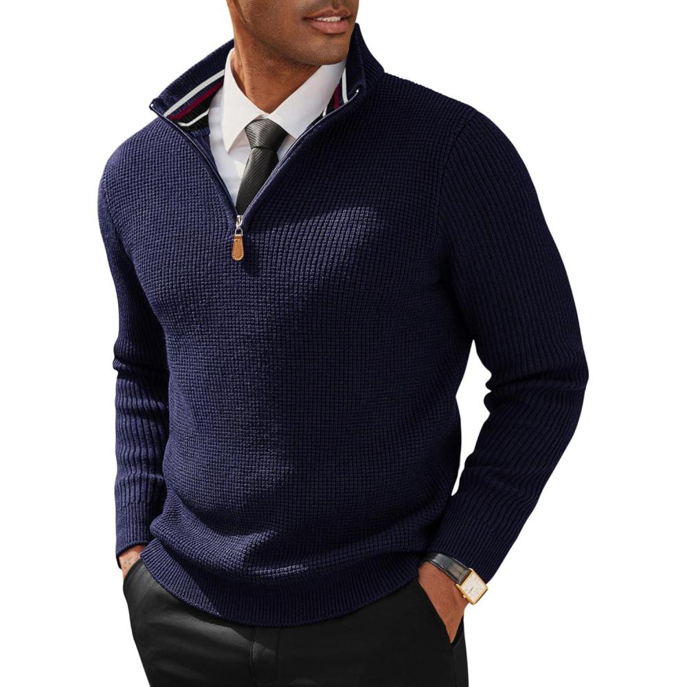 imagePJ PAUL JONES Mens Quarter Zip Sweaters Slim Fit Long Sleeve Casual Pullover Sweater Knit Textured Mock Neck Polo SweatersNavy Blue Waffle