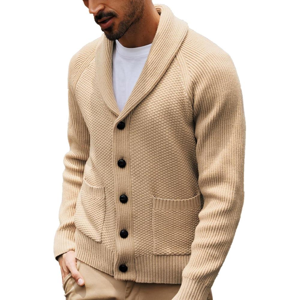 imagePJ PAUL JONES Mens Shawl Collar Cardigan Sweaters Knit Textured Sweater Button Down CardigansCamel