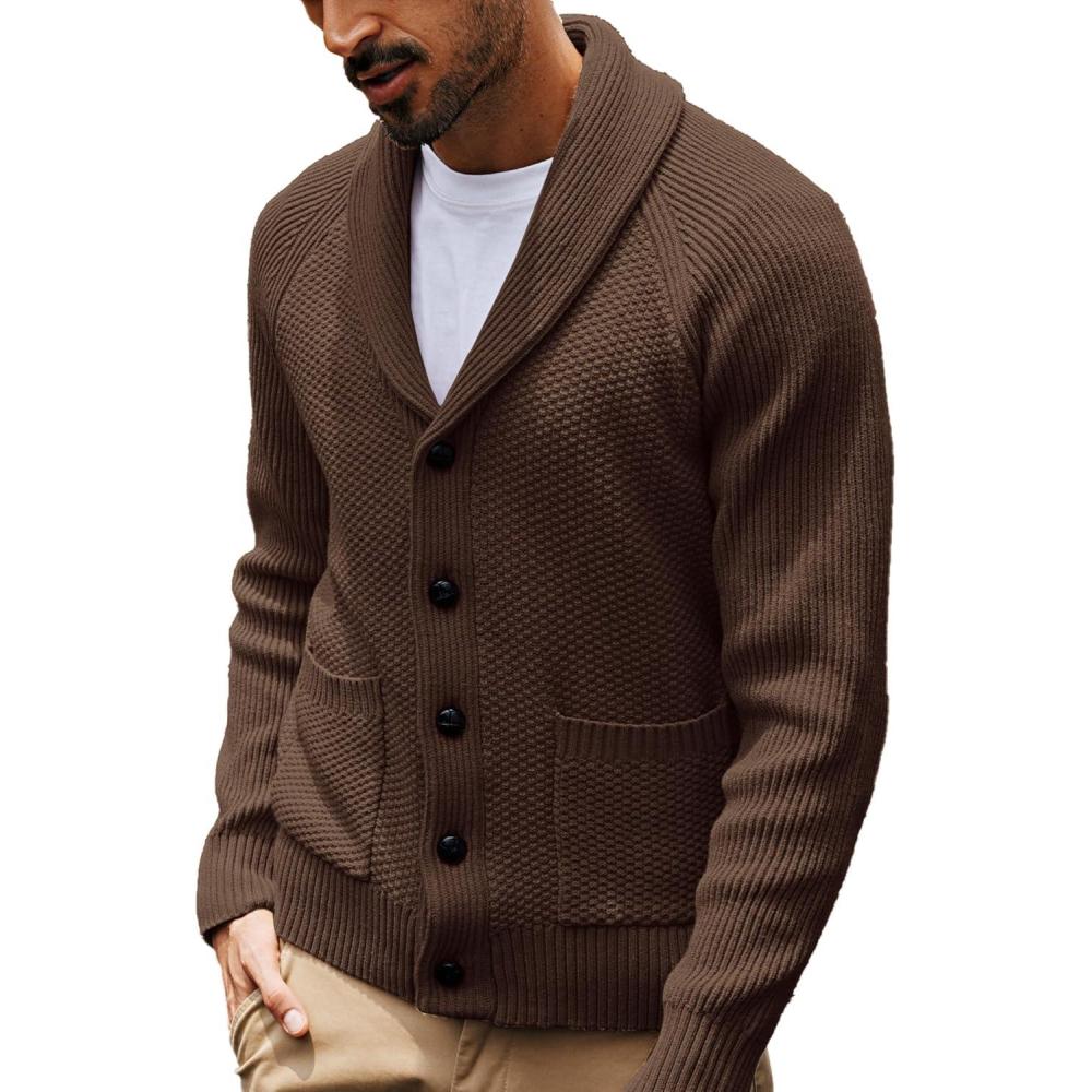 imagePJ PAUL JONES Mens Shawl Collar Cardigan Sweaters Knit Textured Sweater Button Down CardigansCoffee