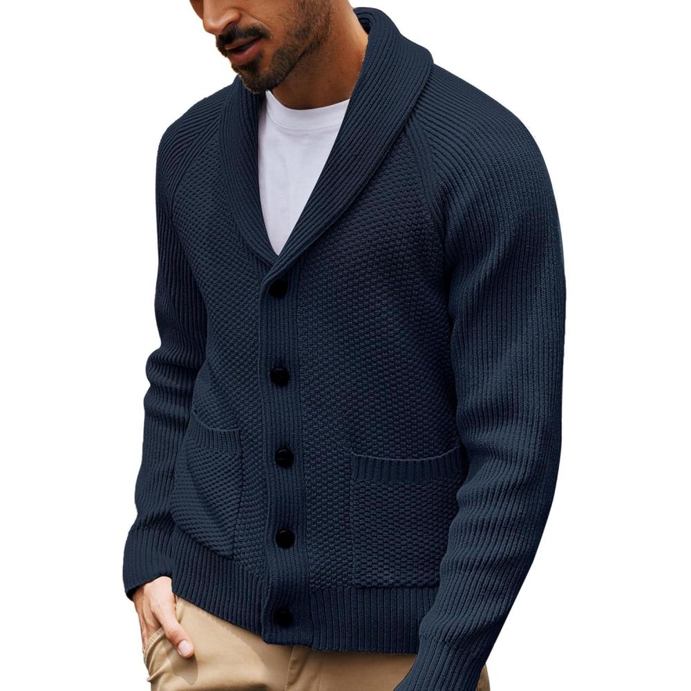 imagePJ PAUL JONES Mens Shawl Collar Cardigan Sweaters Knit Textured Sweater Button Down CardigansDark Blue