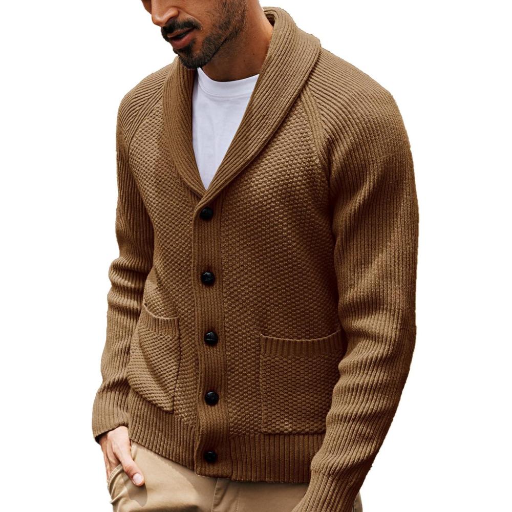 imagePJ PAUL JONES Mens Shawl Collar Cardigan Sweaters Knit Textured Sweater Button Down CardigansLight Coffee