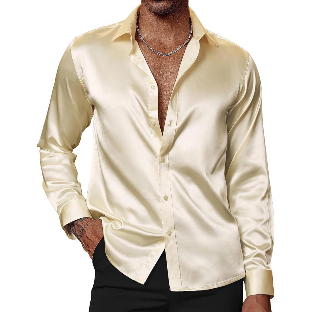 imagePJ PAUL JONES Mens Shiny Satin Dress Shirts Long Sleeve Button Down Silk Shirt with Bow TieChampagne