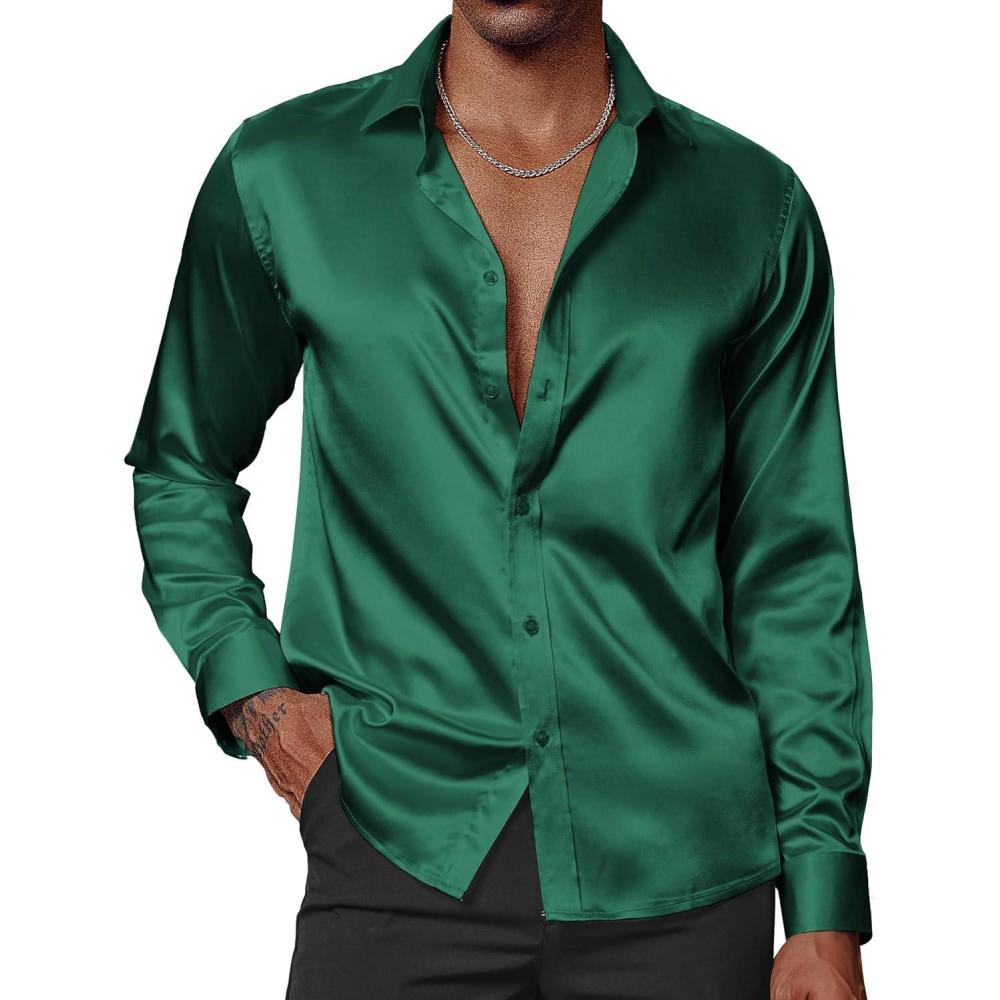 imagePJ PAUL JONES Mens Shiny Satin Dress Shirts Long Sleeve Button Down Silk Shirt with Bow TieDark Green