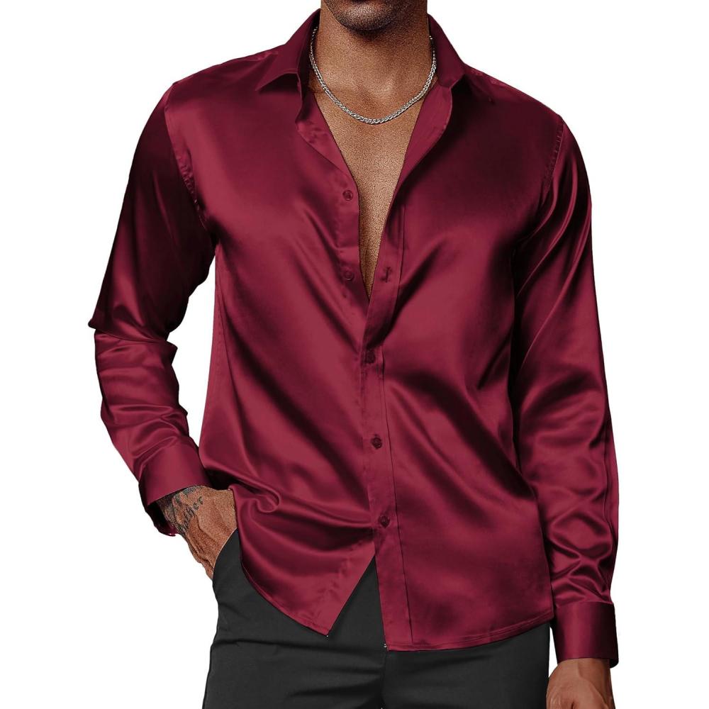 imagePJ PAUL JONES Mens Shiny Satin Dress Shirts Long Sleeve Button Down Silk Shirt with Bow TieDark Red