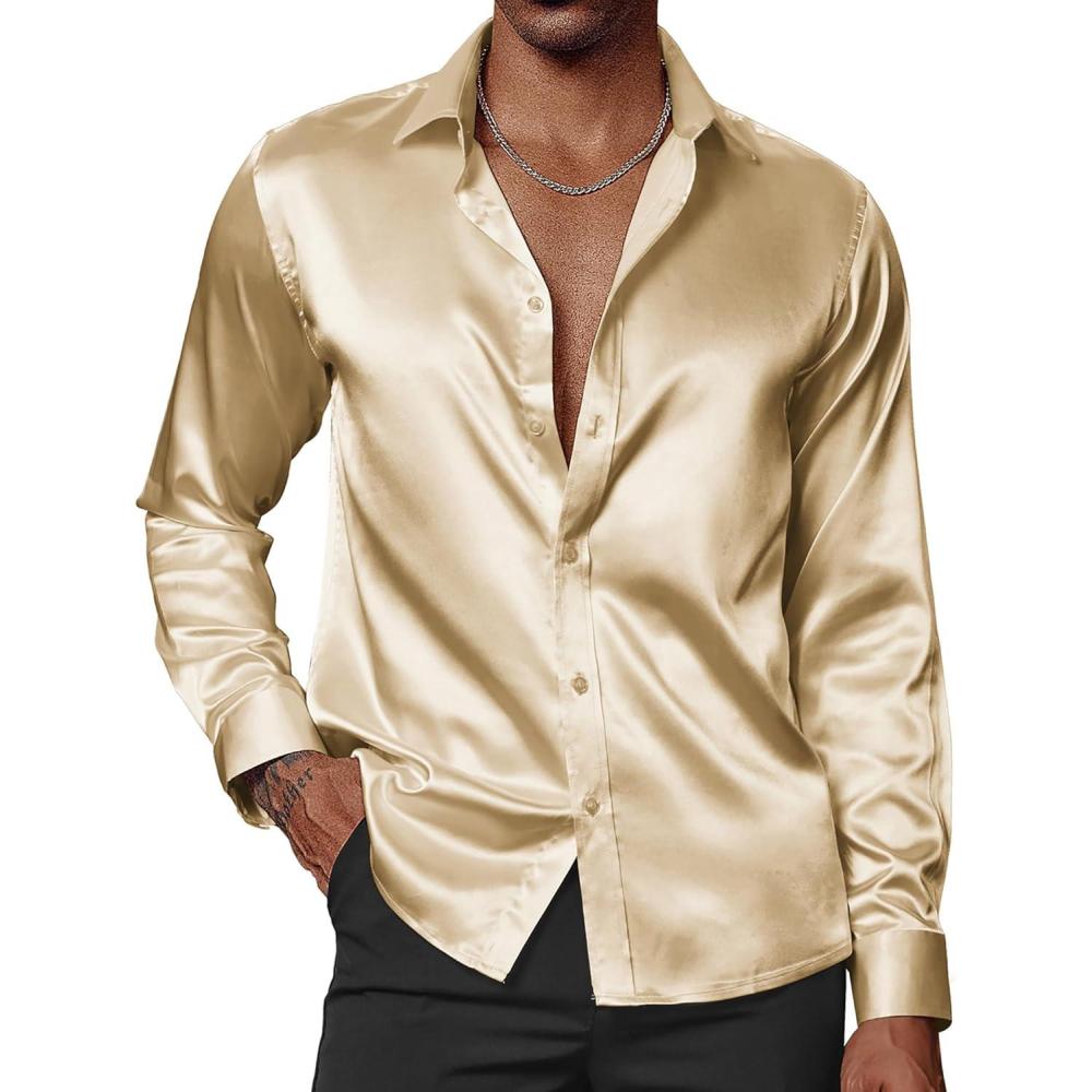imagePJ PAUL JONES Mens Shiny Satin Dress Shirts Long Sleeve Button Down Silk Shirt with Bow TieGold
