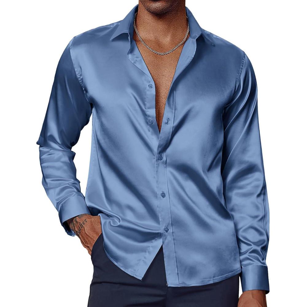 imagePJ PAUL JONES Mens Shiny Satin Dress Shirts Long Sleeve Button Down Silk Shirt with Bow TieLight Blue
