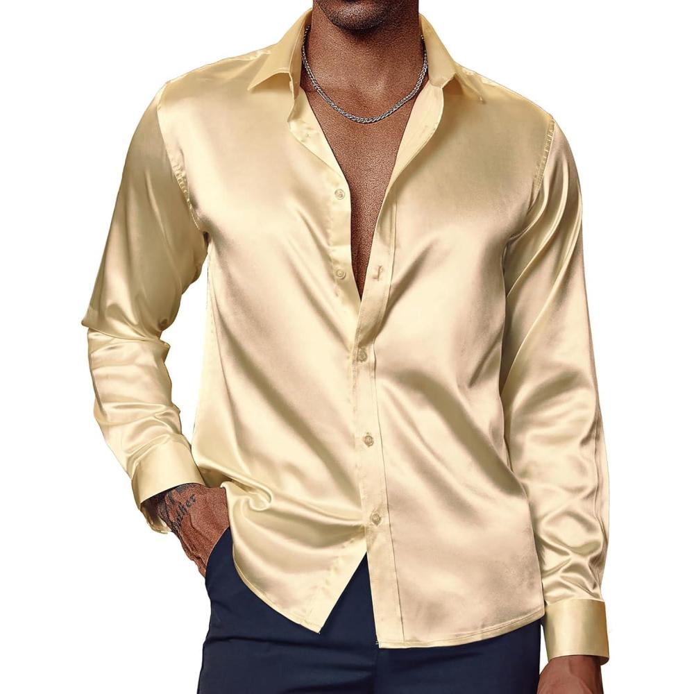 imagePJ PAUL JONES Mens Shiny Satin Dress Shirts Long Sleeve Button Down Silk Shirt with Bow TieLight Champagne